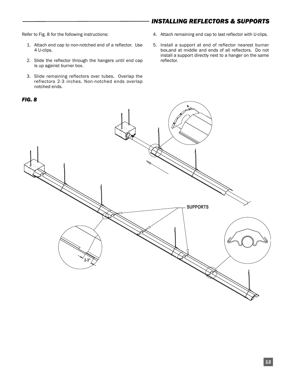 Installing reflectors & supports | L.B. White Sentinel Radiant Tube AT150 40' Center Mount User Manual | Page 13 / 32