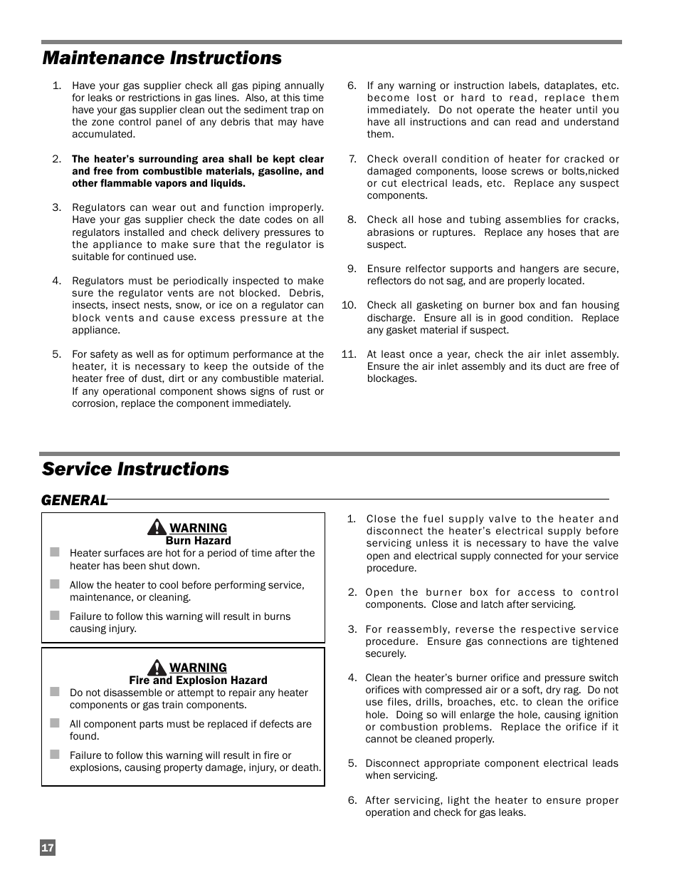 Maintenance instructions service instructions, General | L.B. White Sentinel Radiant Tube AT150 40' Center Mount User Manual | Page 18 / 32