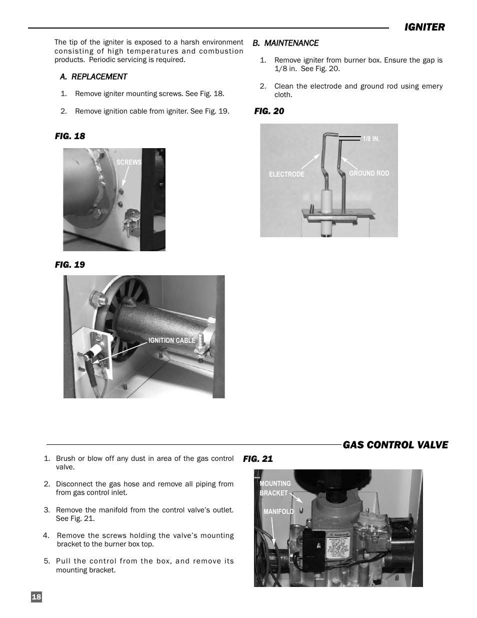 Igniter, Gas control valve | L.B. White Sentinel Radiant Tube AT150 40' Center Mount User Manual | Page 19 / 32