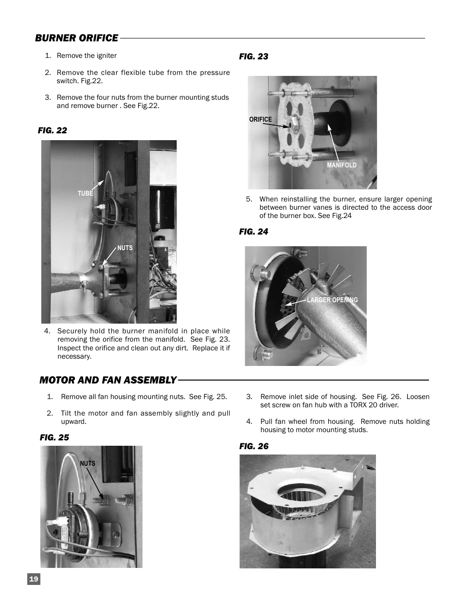 Burner orifice motor and fan assembly | L.B. White Sentinel Radiant Tube AT150 40' Center Mount User Manual | Page 20 / 32