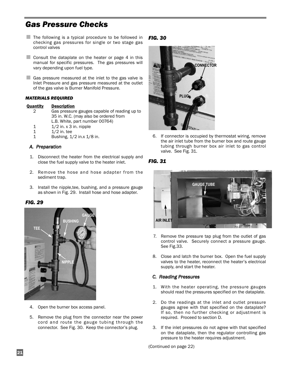 Gas pressure checks | L.B. White Sentinel Radiant Tube AT150 40' Center Mount User Manual | Page 22 / 32