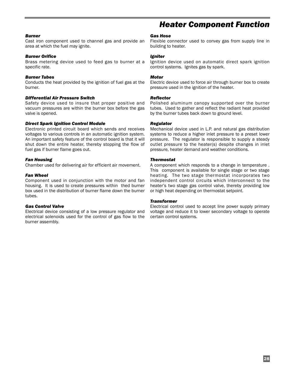 Heater component function | L.B. White Sentinel Radiant Tube AT150 40' Center Mount User Manual | Page 29 / 32