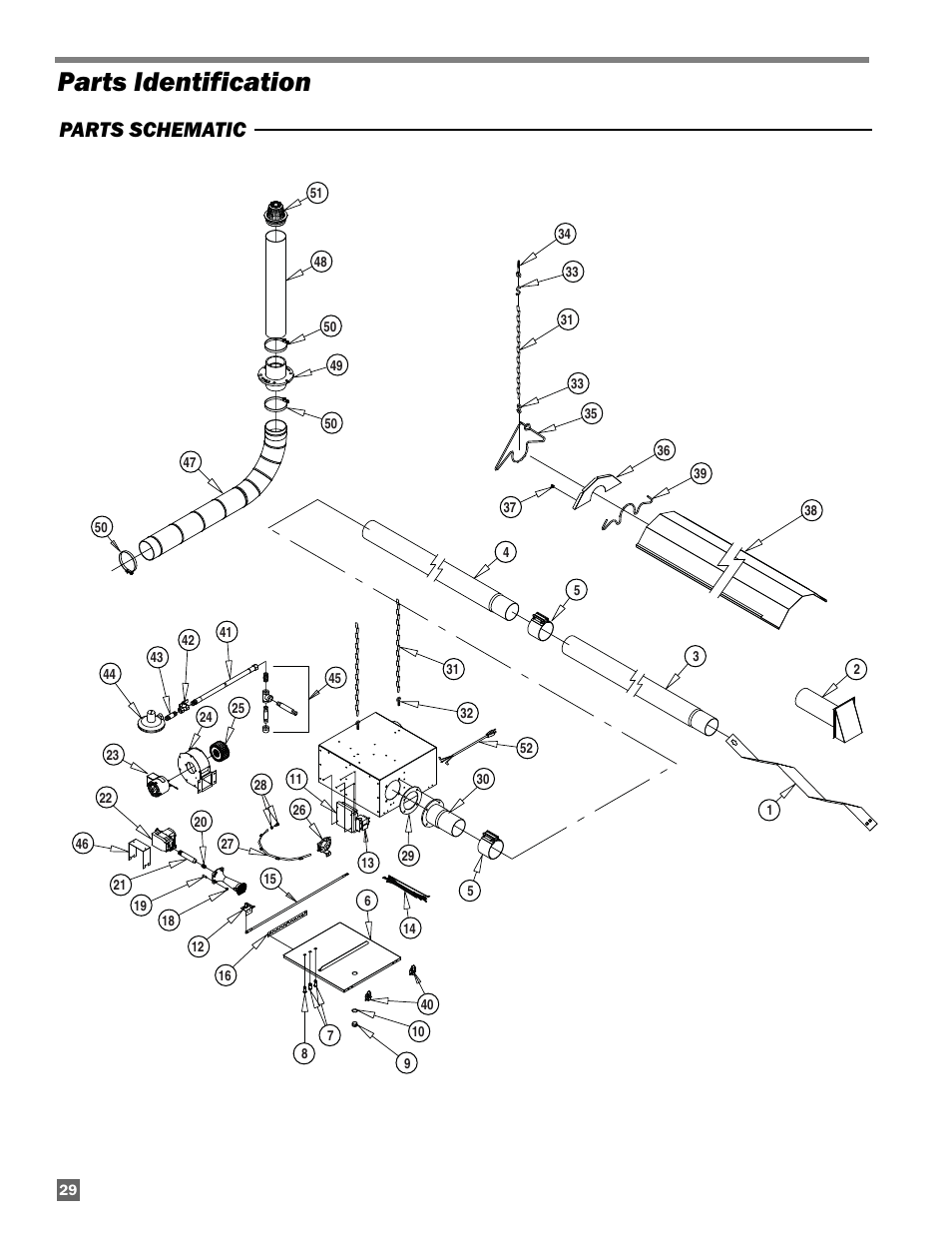 Parts identification, Parts schematic | L.B. White Sentinel Radiant Tube AT150 40' Center Mount User Manual | Page 30 / 32