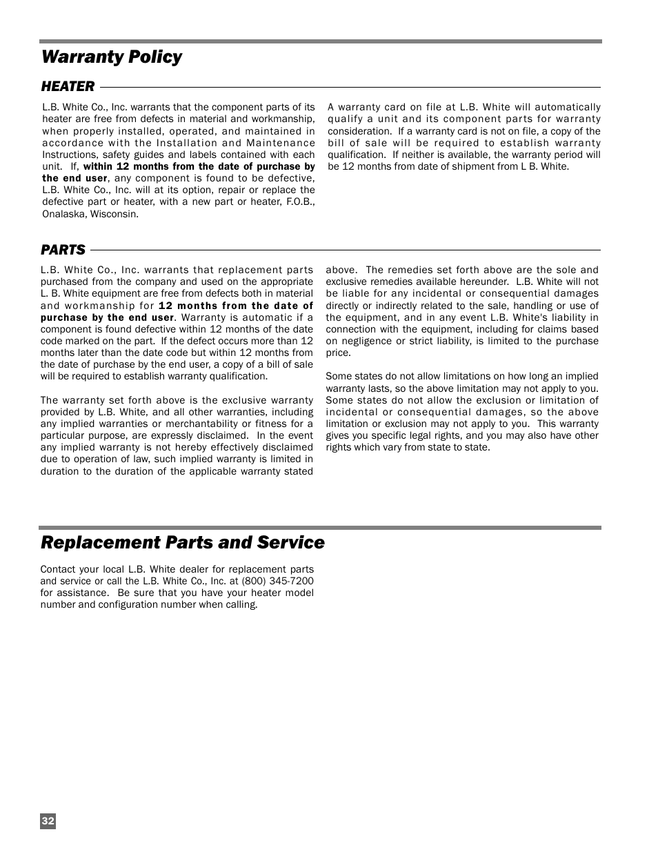 Warranty policy replacement parts and service | L.B. White Sentinel Radiant Tube AT150 40' Center Mount User Manual | Page 32 / 32