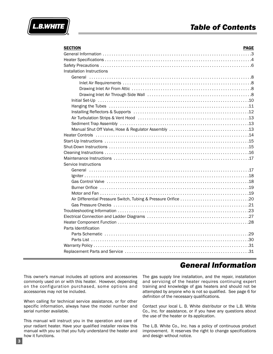 Table of contents general information | L.B. White Sentinel Radiant Tube AT150 40' Center Mount User Manual | Page 4 / 32