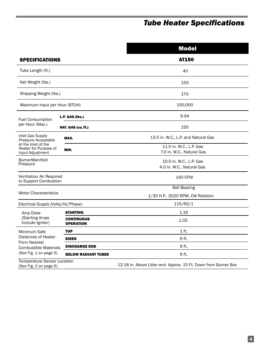 Tube heater specifications, Model | L.B. White Sentinel Radiant Tube AT150 40' Center Mount User Manual | Page 5 / 32