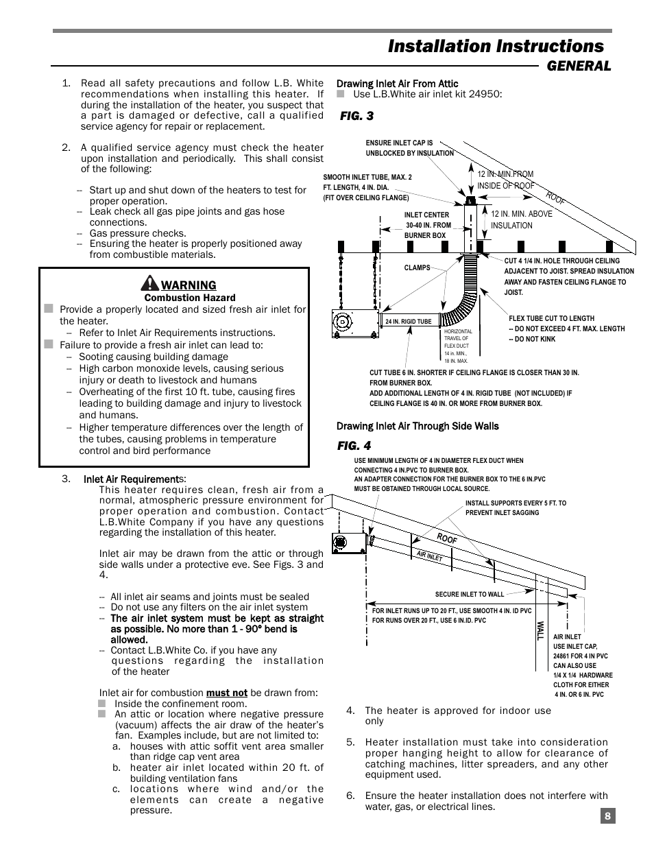 Installation instructions, General, Warning | Fig. 3 fig. 4 | L.B. White Sentinel Radiant Tube AT150 40' Center Mount User Manual | Page 9 / 32