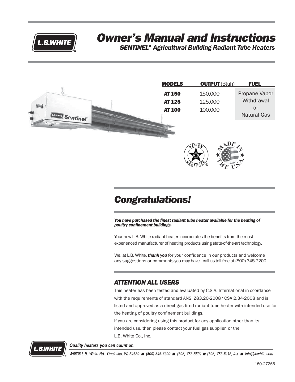 L.B. White Sentinel Radiant Tube AT150 Sidewall Mount User Manual | 32 pages