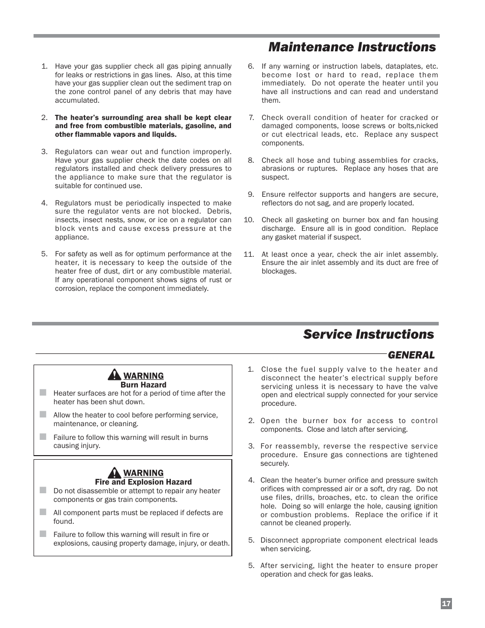 Maintenance instructions service instructions, General | L.B. White Sentinel Radiant Tube AT150 Sidewall Mount User Manual | Page 17 / 32