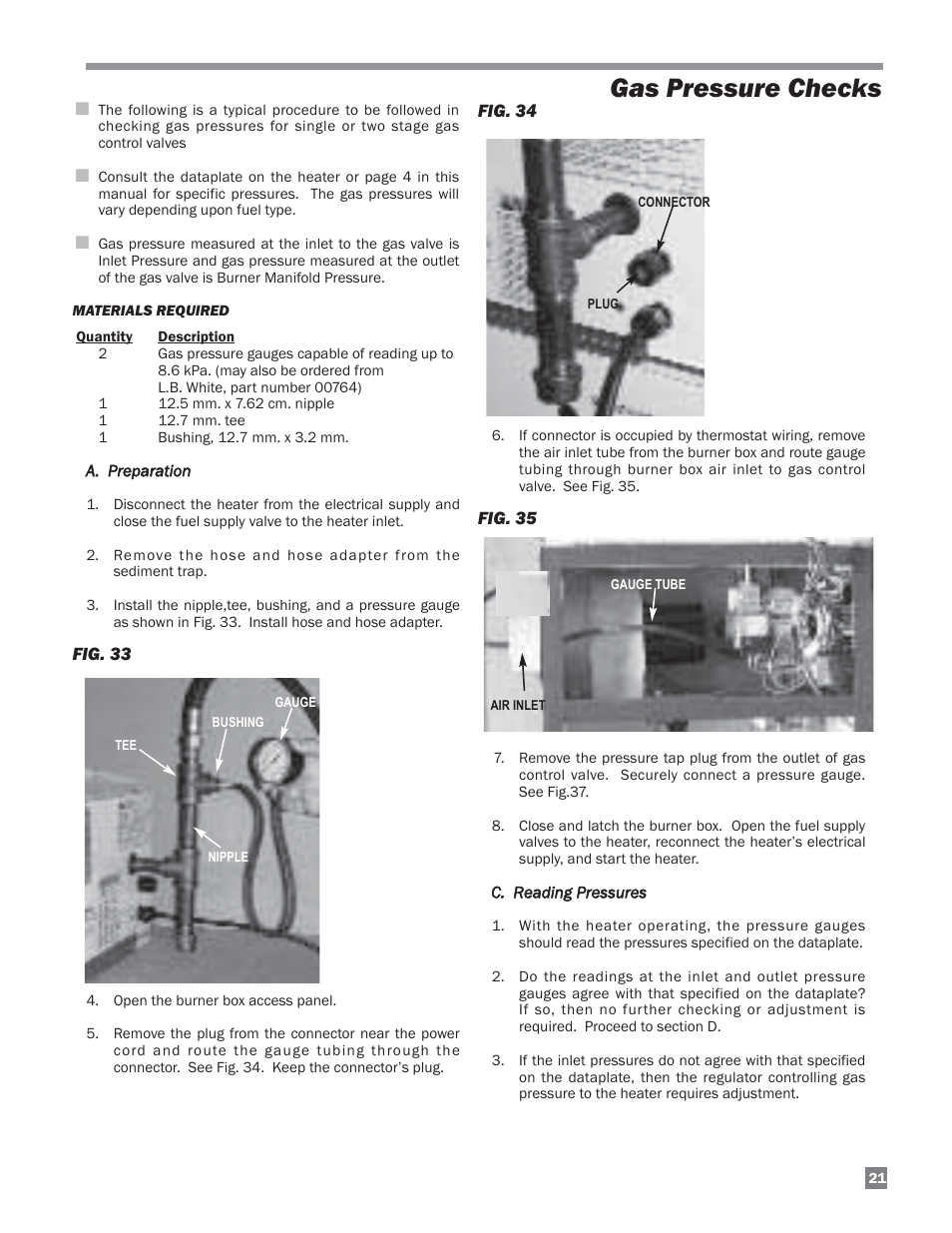 Gas pressure checks | L.B. White Sentinel Radiant Tube AT150 Sidewall Mount User Manual | Page 21 / 32