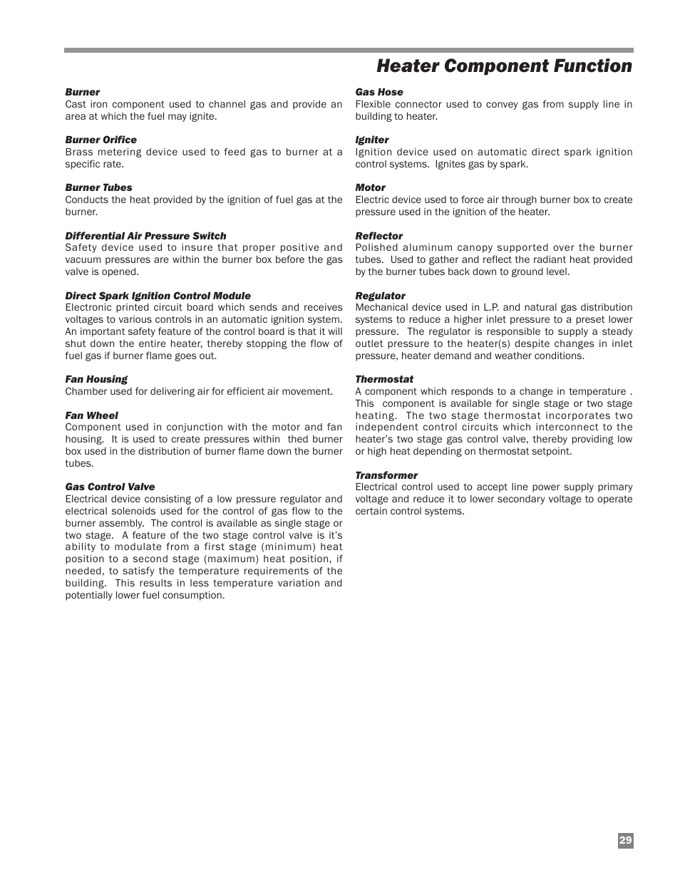 Heater component function | L.B. White Sentinel Radiant Tube AT150 Sidewall Mount User Manual | Page 29 / 32