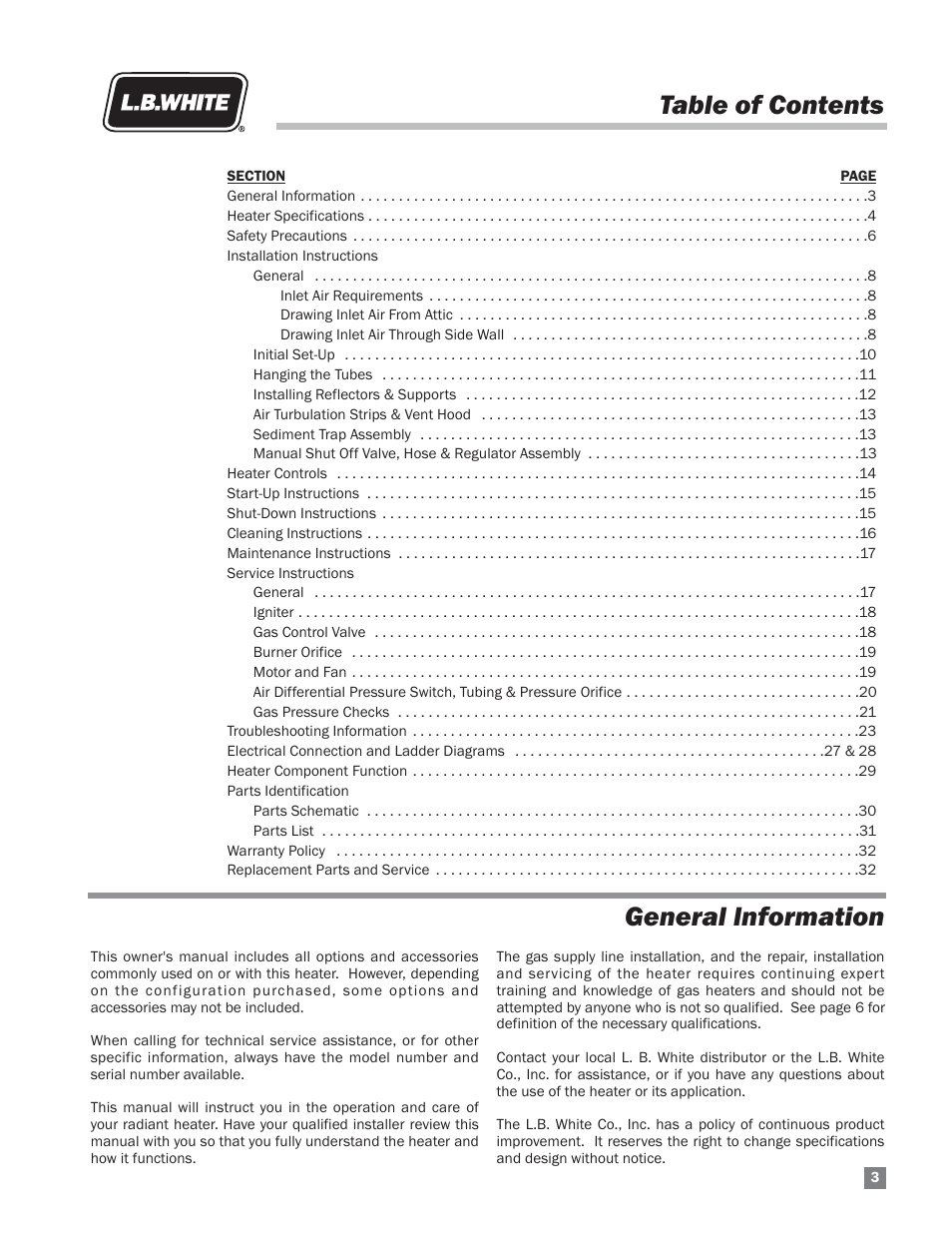 Table of contents general information | L.B. White Sentinel Radiant Tube AT150 Sidewall Mount User Manual | Page 3 / 32