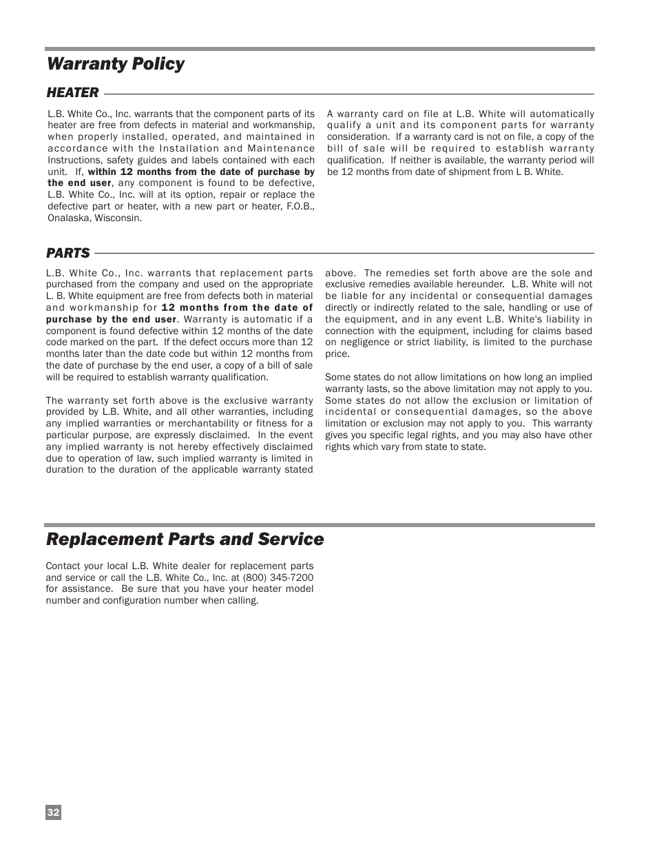 Warranty policy replacement parts and service | L.B. White Sentinel Radiant Tube AT150 Sidewall Mount User Manual | Page 32 / 32