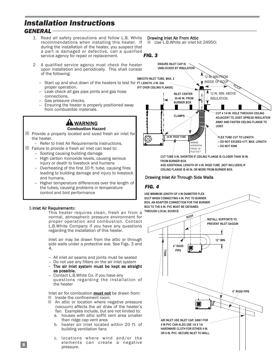 Installation instructions, General, Warning | Fig. 3, Fig. 4 | L.B. White Sentinel Radiant Tube AT150 Sidewall Mount User Manual | Page 8 / 32