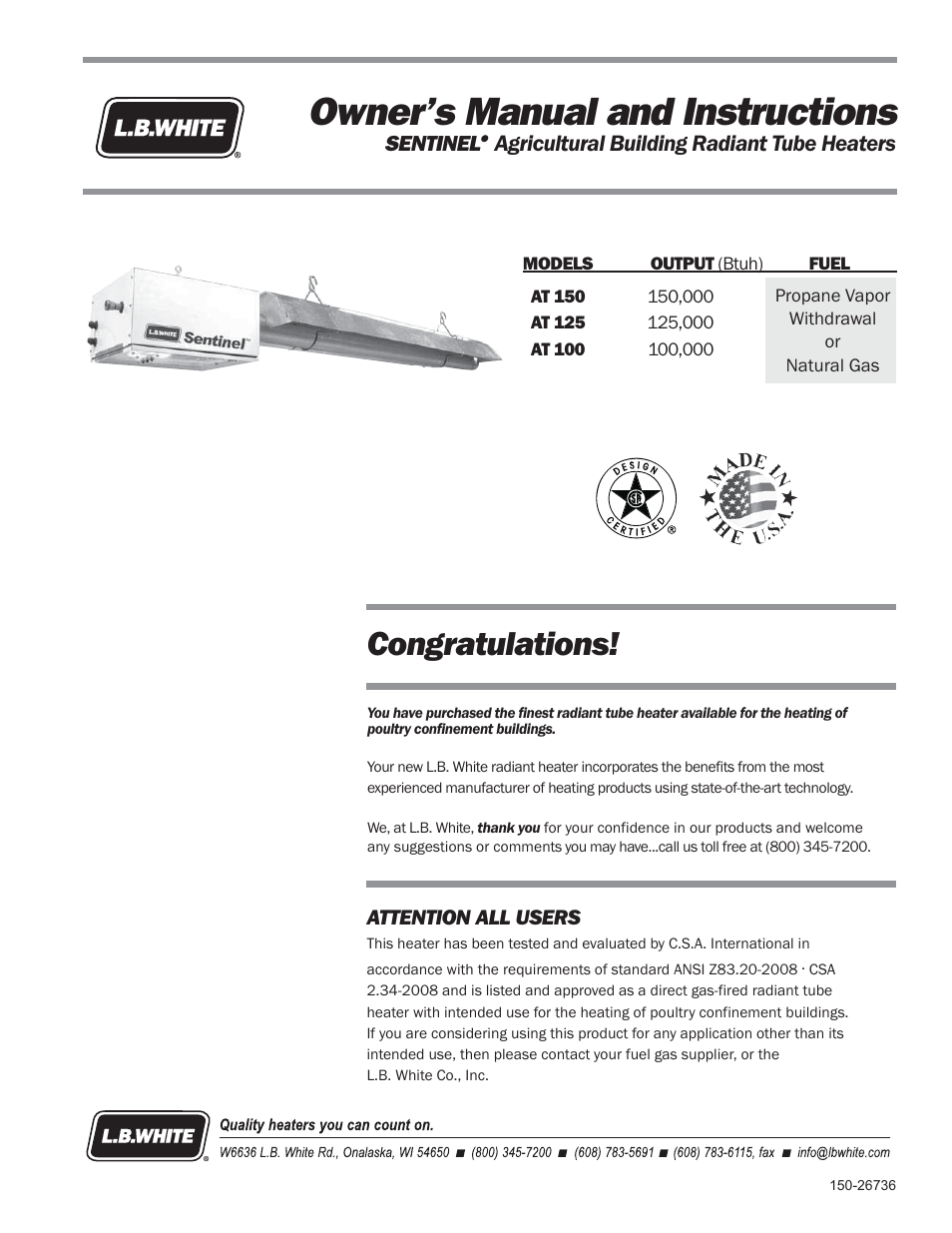 L.B. White Sentinel Radiant Tube AT150 Center Mount User Manual | 32 pages
