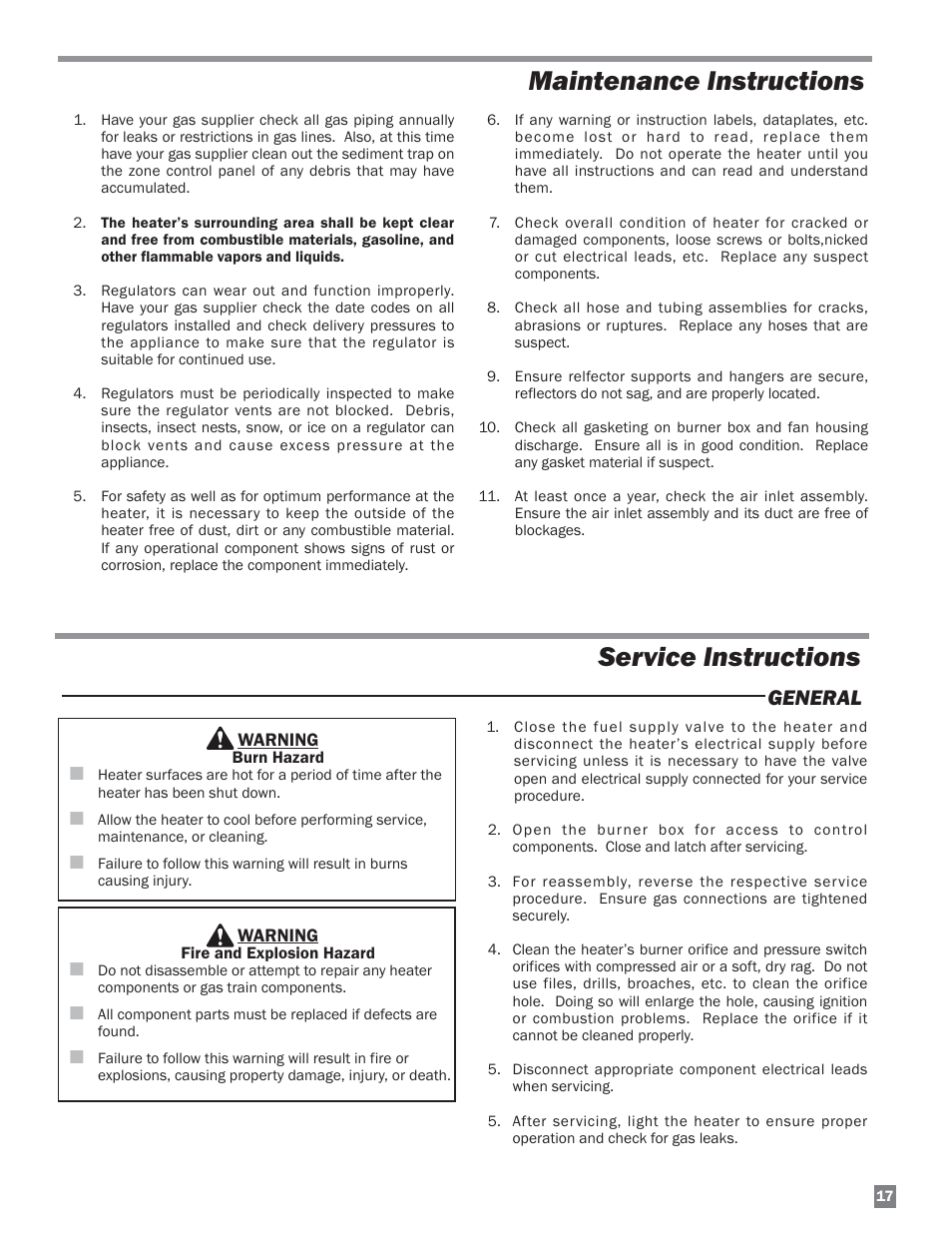 Maintenance instructions service instructions, General | L.B. White Sentinel Radiant Tube AT150 Center Mount User Manual | Page 17 / 32