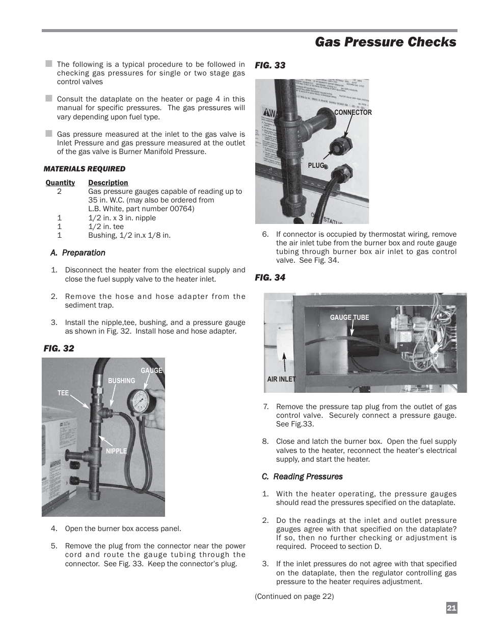 Gas pressure checks | L.B. White Sentinel Radiant Tube AT150 Center Mount User Manual | Page 21 / 32