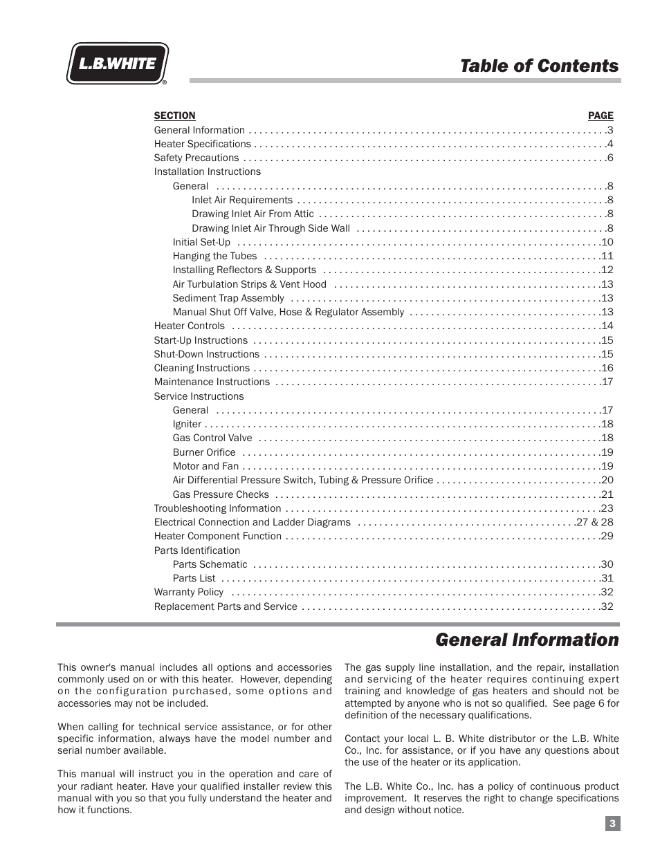 Table of contents general information | L.B. White Sentinel Radiant Tube AT150 Center Mount User Manual | Page 3 / 32