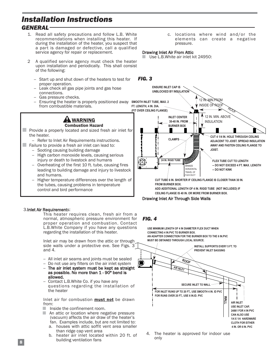 Installation instructions, General, Warning | Fig. 3 fig. 4 | L.B. White Sentinel Radiant Tube AT150 Center Mount User Manual | Page 8 / 32