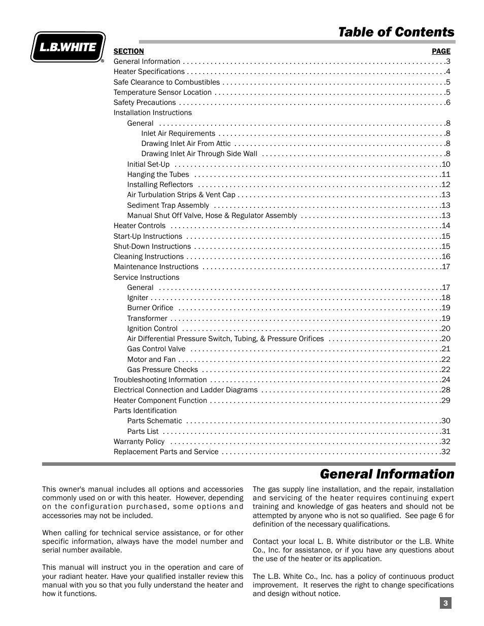 Table of contents general information | L.B. White Oval 80™ Radiant User Manual | Page 3 / 32