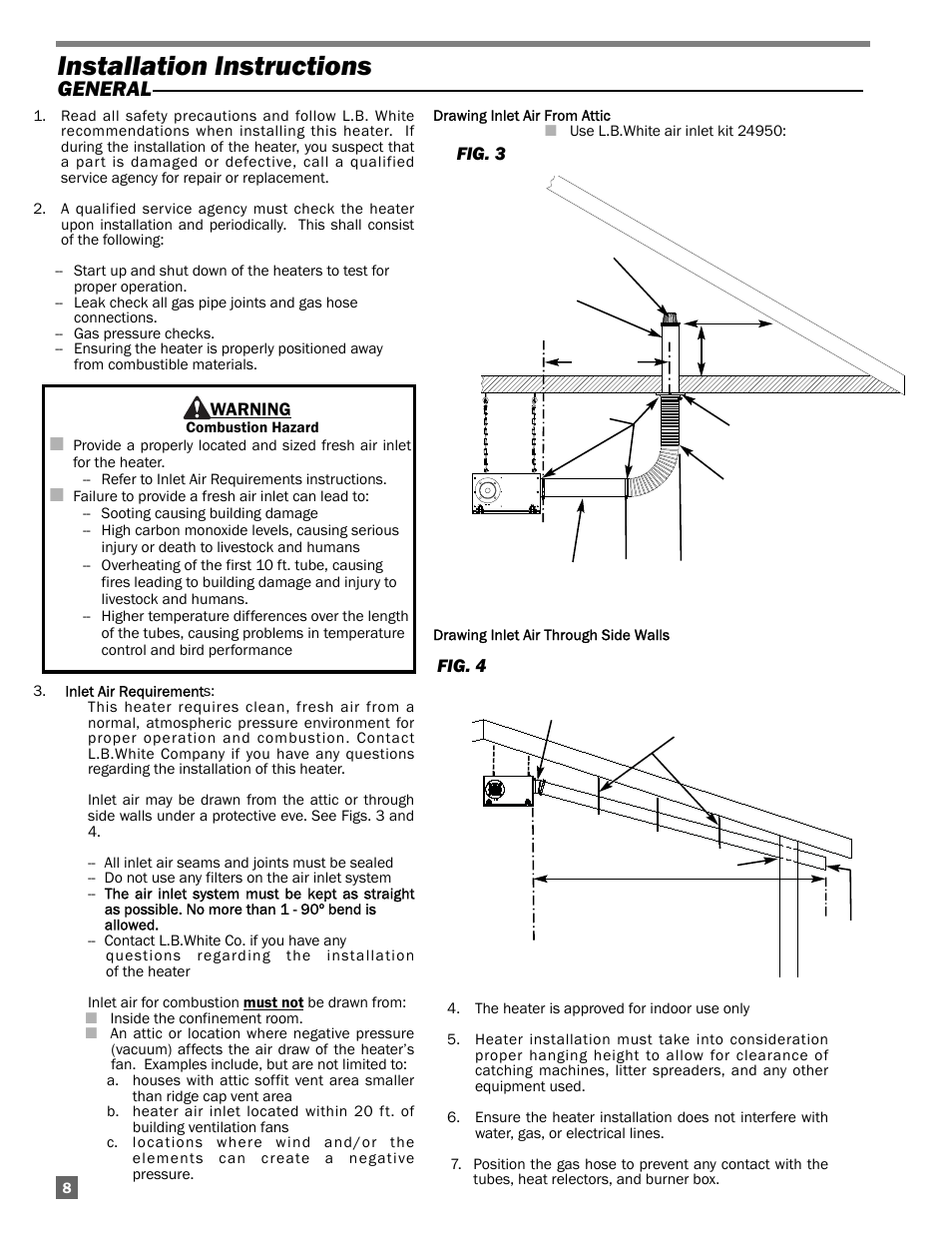 Installation instructions, General, Warning | Fig. 4 fig. 3 | L.B. White Oval 80™ Radiant User Manual | Page 8 / 32
