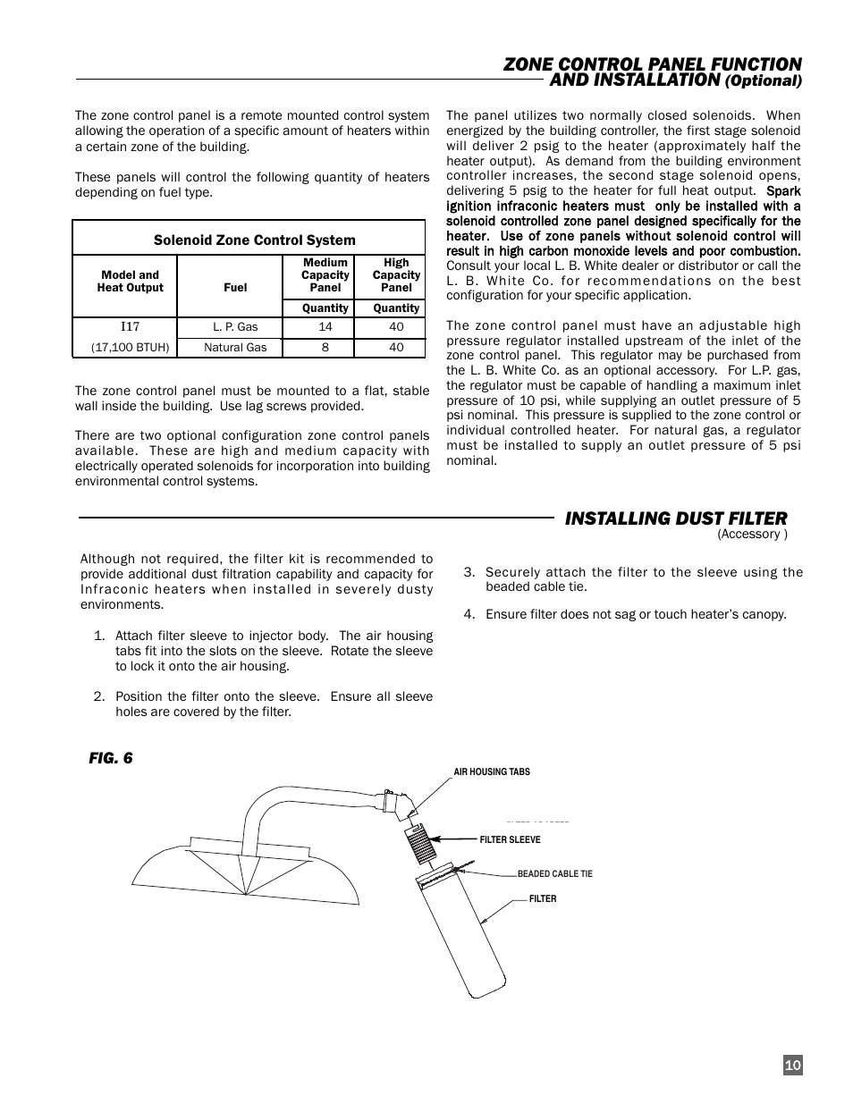 Zone control panel function and installation, Installing dust filter, Optional) | Fig. 6 | L.B. White I-17 Infraconic Spark Ignition User Manual | Page 11 / 26