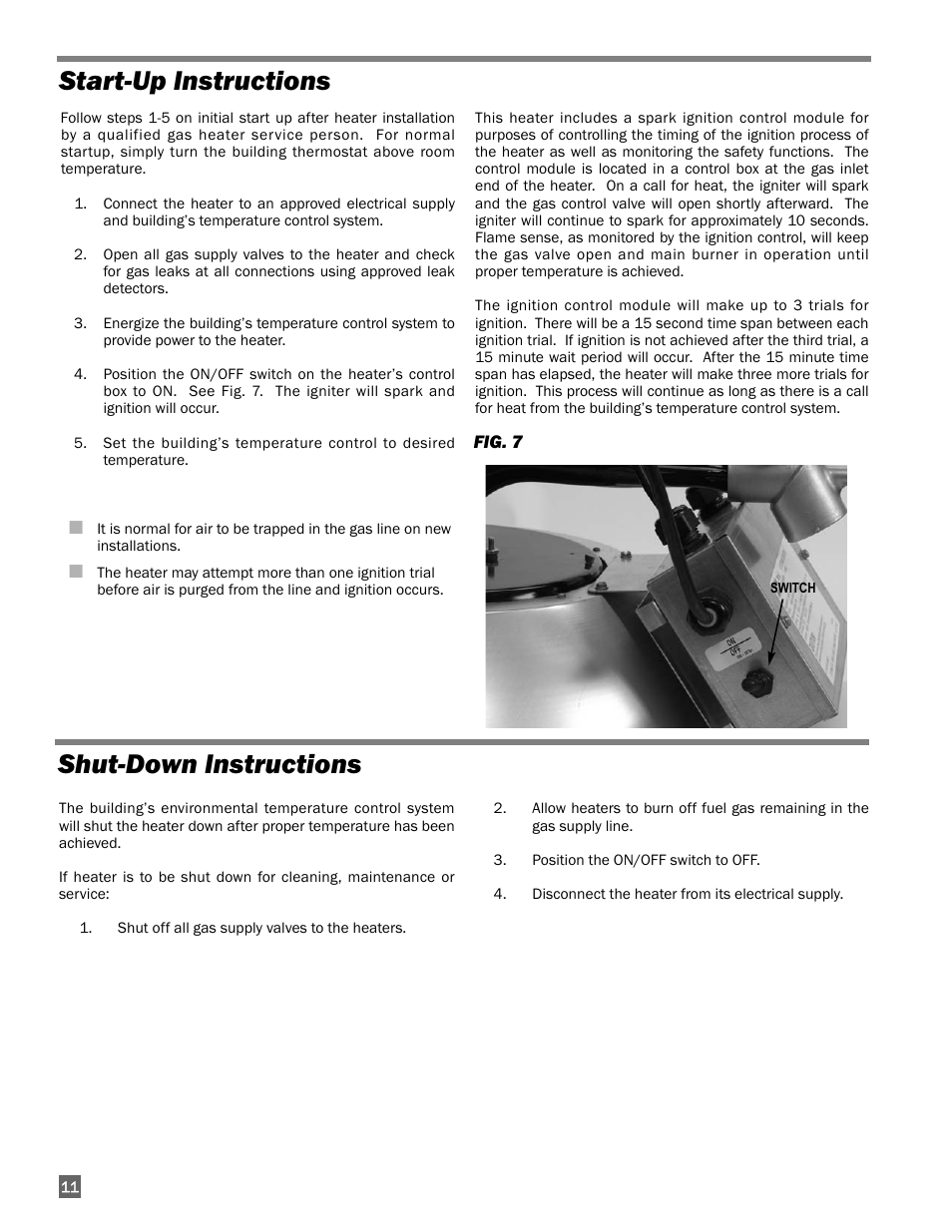 Shut-down instructions, Start-up instructions | L.B. White I-17 Infraconic Spark Ignition User Manual | Page 12 / 26