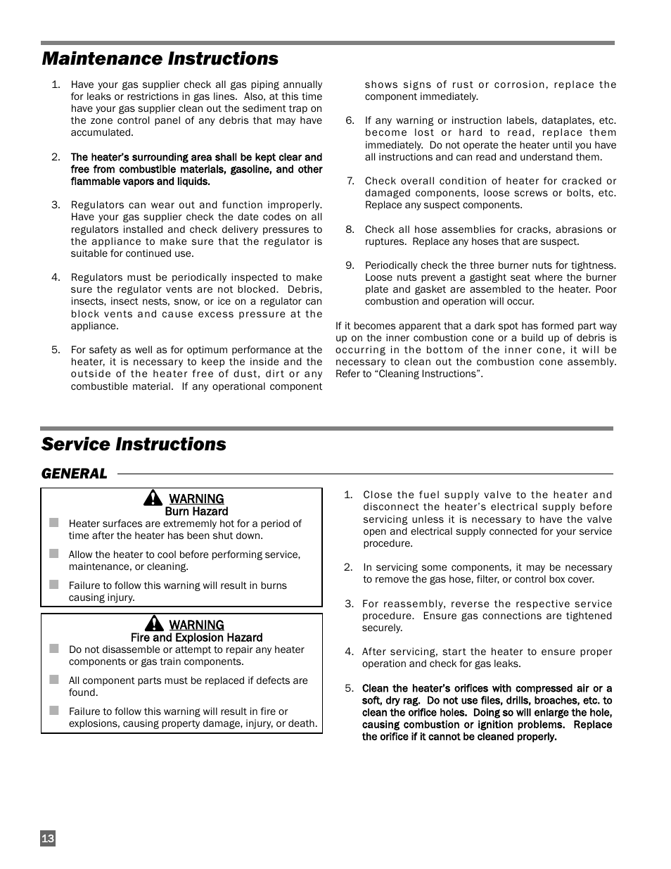 Maintenance instructions service instructions, General | L.B. White I-17 Infraconic Spark Ignition User Manual | Page 14 / 26