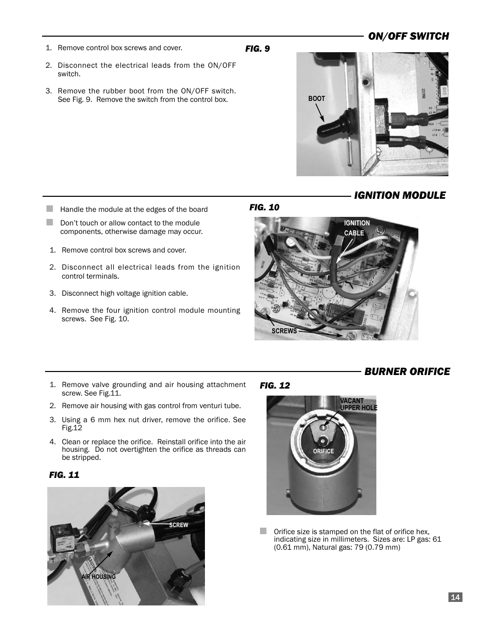 On/off switch, Ignition module, Burner orifice | L.B. White I-17 Infraconic Spark Ignition User Manual | Page 15 / 26