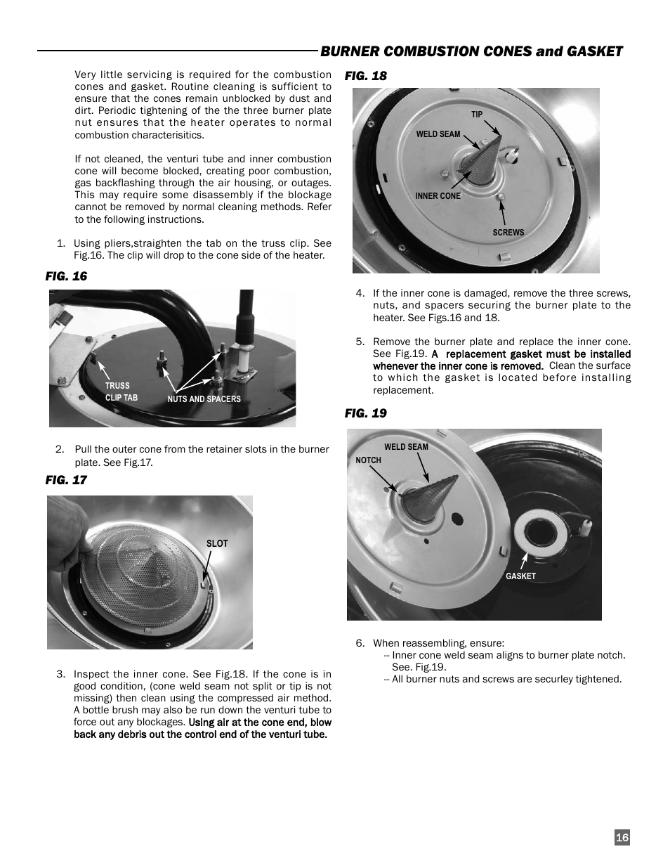 Burner combustion cones and gasket | L.B. White I-17 Infraconic Spark Ignition User Manual | Page 17 / 26