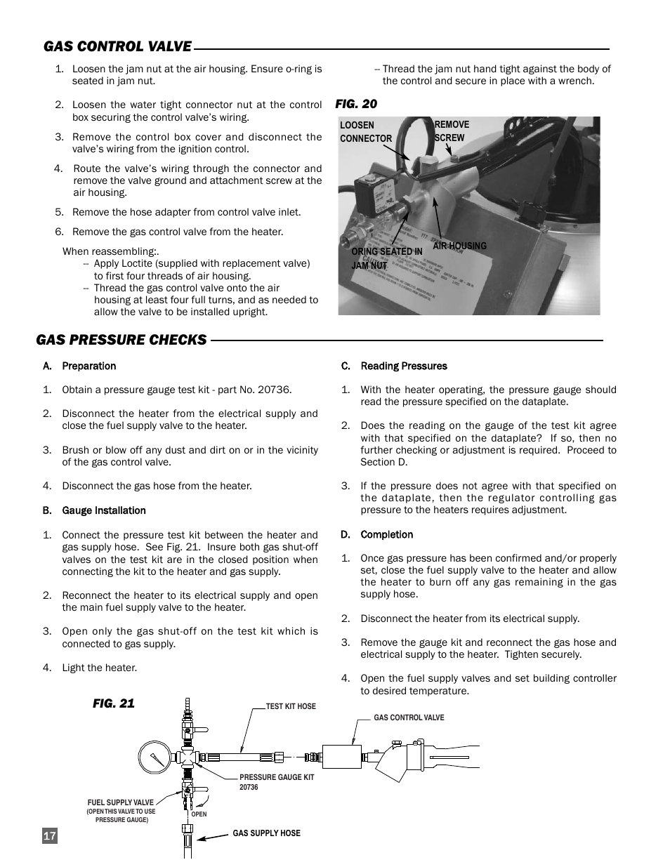 Gas pressure checks, Gas control valve | L.B. White I-17 Infraconic Spark Ignition User Manual | Page 18 / 26