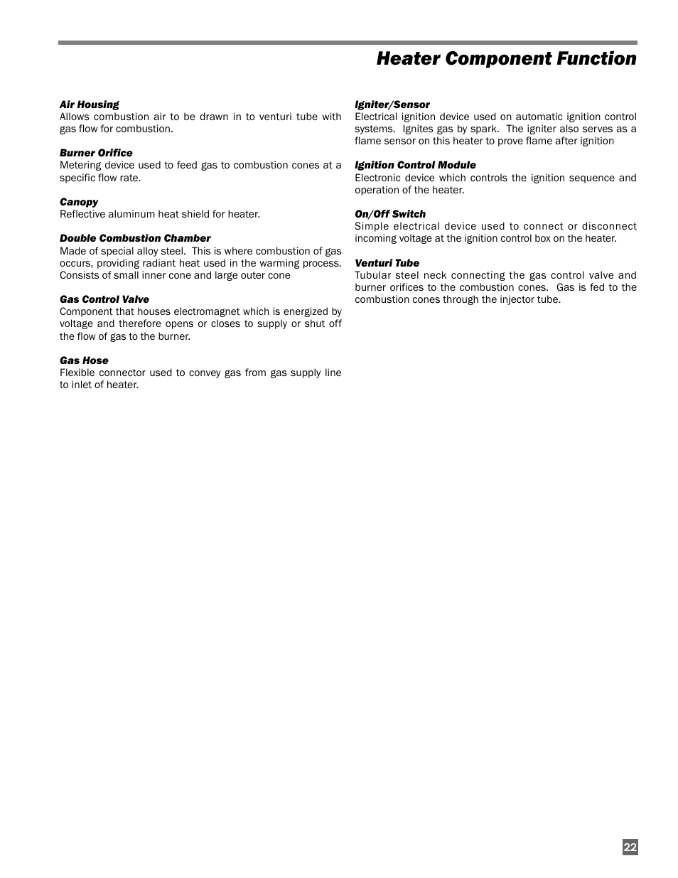 Heater component function | L.B. White I-17 Infraconic Spark Ignition User Manual | Page 23 / 26