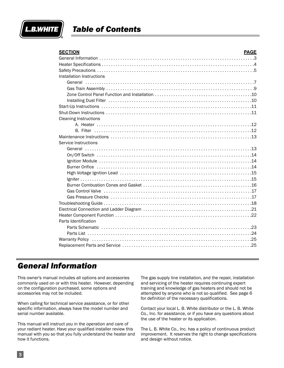 Table of contents general information | L.B. White I-17 Infraconic Spark Ignition User Manual | Page 4 / 26