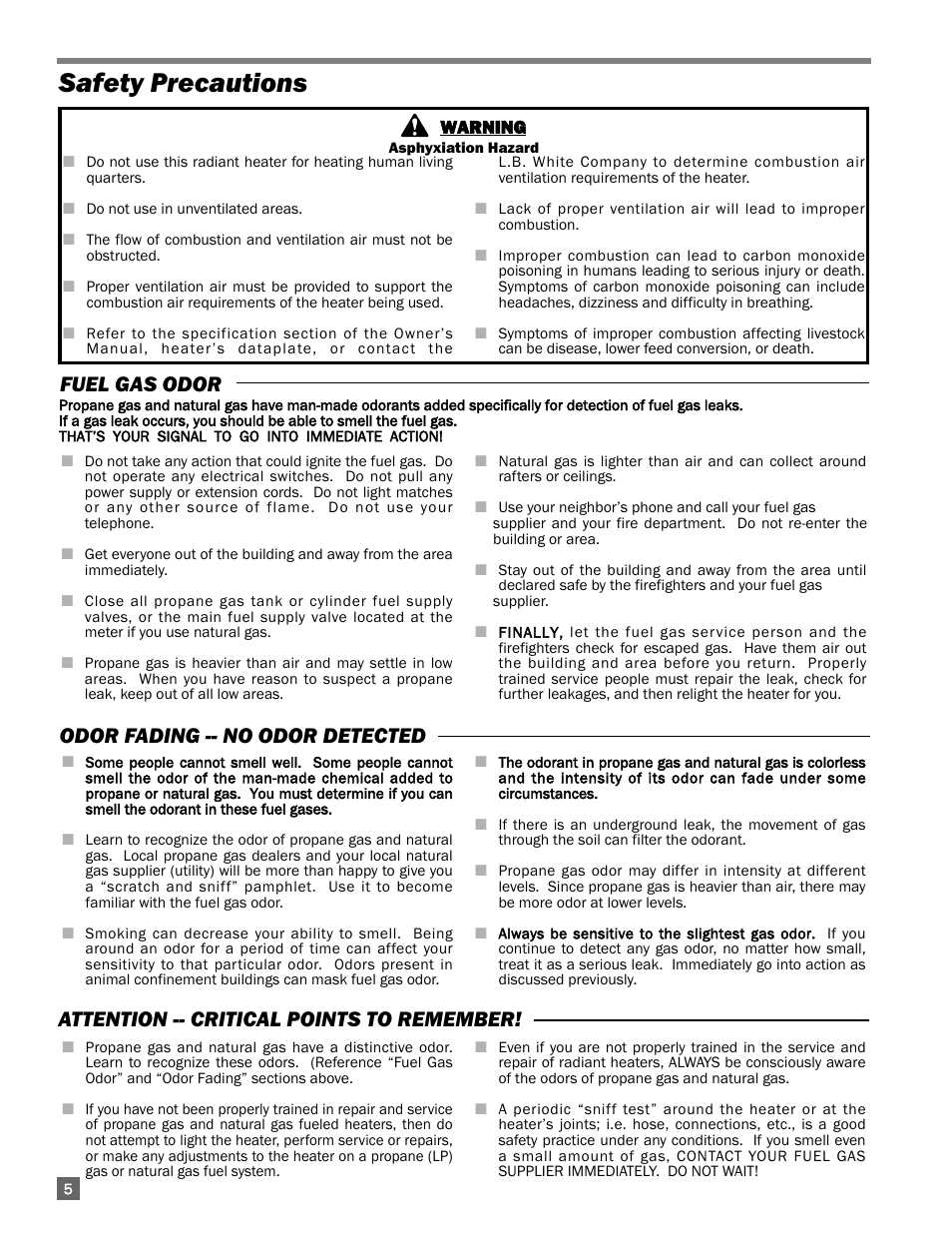 Safety precautions | L.B. White I-17 Infraconic Spark Ignition User Manual | Page 6 / 26