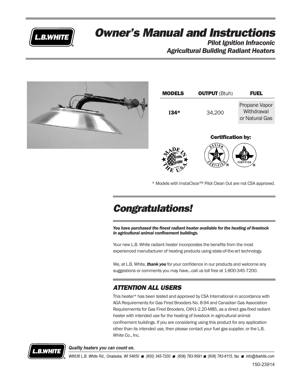 L.B. White I-34 Infraconic Pilot Ignition User Manual | 28 pages