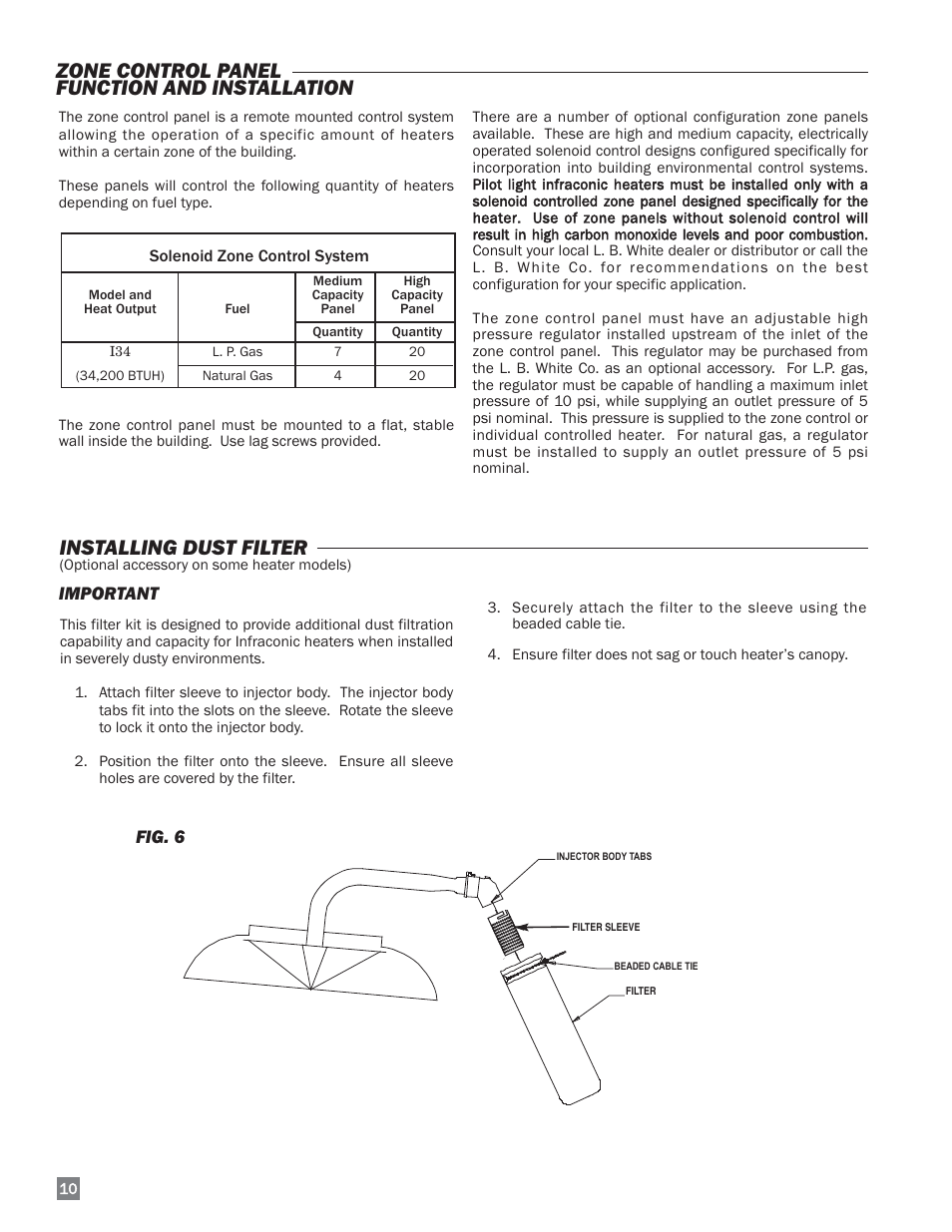 Installing dust filter, Zone control panel function and installation, Fig. 6 | Important | L.B. White I-34 Infraconic Pilot Ignition User Manual | Page 10 / 28