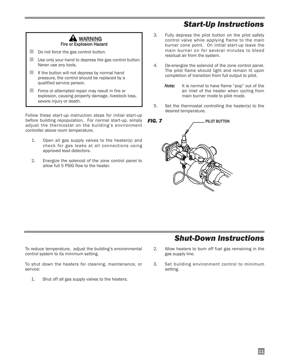 Start-up instructions, Shut-down instructions | L.B. White I-34 Infraconic Pilot Ignition User Manual | Page 11 / 28