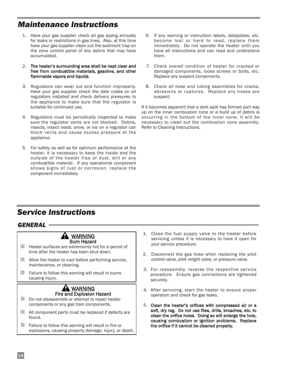 Maintenance instructions, Service instructios, Service instructions | General | L.B. White I-34 Infraconic Pilot Ignition User Manual | Page 14 / 28