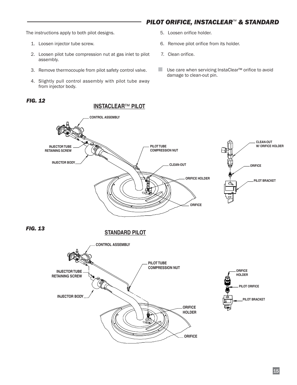 Pilot orifice, instaclear, Standard, Instaclear | Standard pilot fig. 13, Fig. 12, Pilot | L.B. White I-34 Infraconic Pilot Ignition User Manual | Page 15 / 28