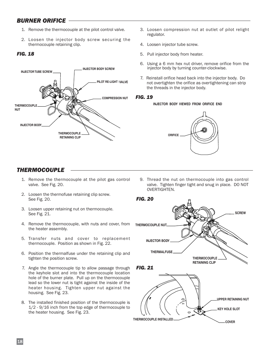 Thermocouple, Burner orifice, Fig. 20 fig. 21 | Fig. 18, Fig. 19 | L.B. White I-34 Infraconic Pilot Ignition User Manual | Page 18 / 28