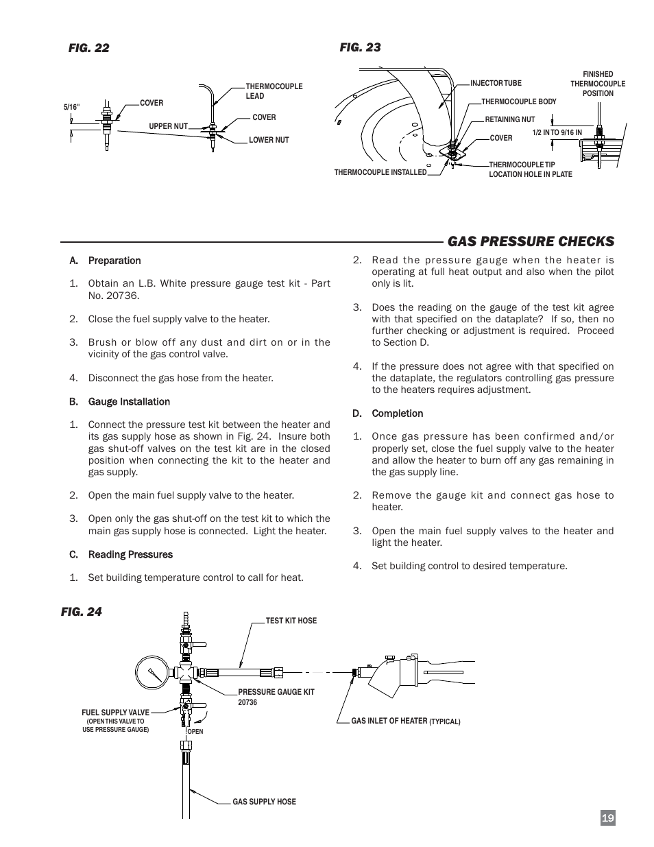 Gas pressure checks, Fig. 24, Fig. 22 fig. 23 | L.B. White I-34 Infraconic Pilot Ignition User Manual | Page 19 / 28