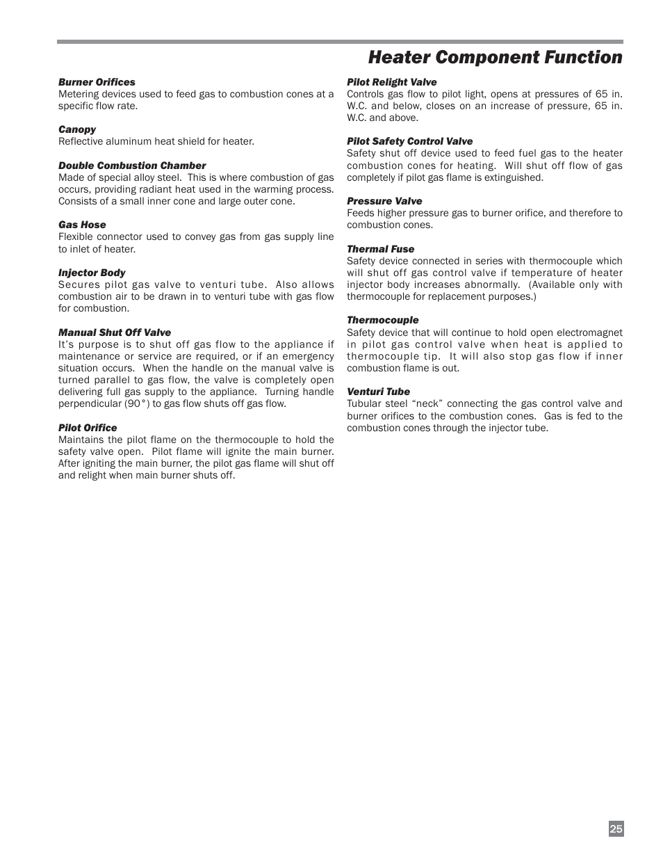 Heater component function | L.B. White I-34 Infraconic Pilot Ignition User Manual | Page 25 / 28