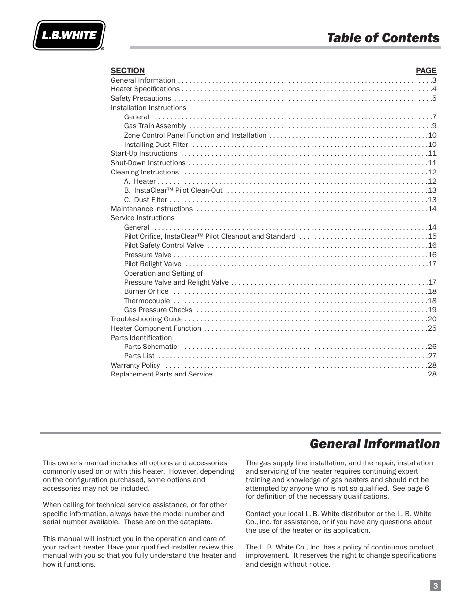 General information, Table of contents general information | L.B. White I-34 Infraconic Pilot Ignition User Manual | Page 3 / 28