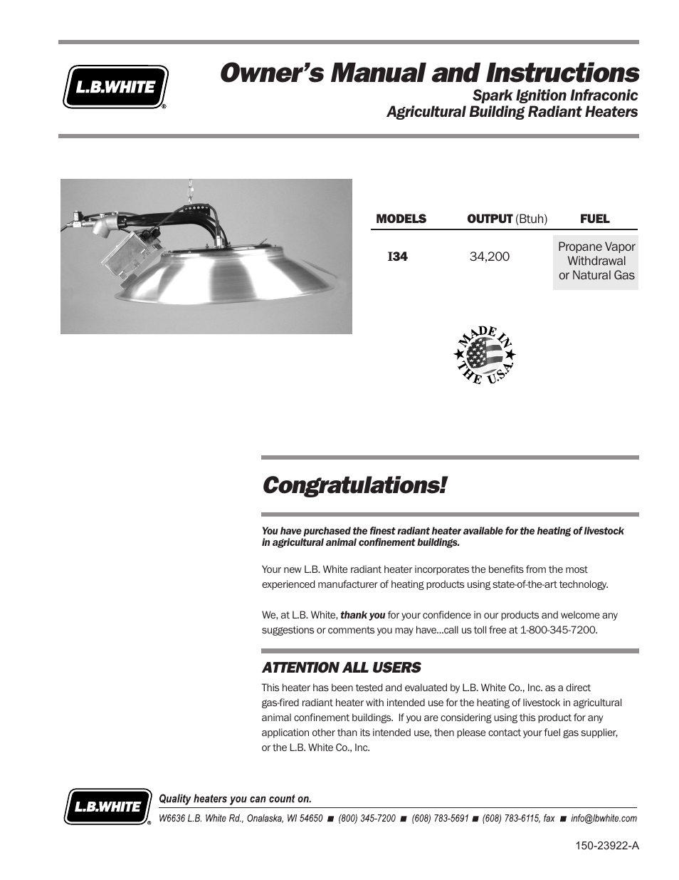 L.B. White I-34 Infraconic Spark Ignition User Manual | 26 pages