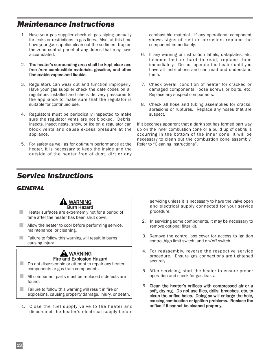 Maintenance instructions, Service instructions, Maintenance instructions service instructions | General | L.B. White I-34 Infraconic Spark Ignition User Manual | Page 14 / 26