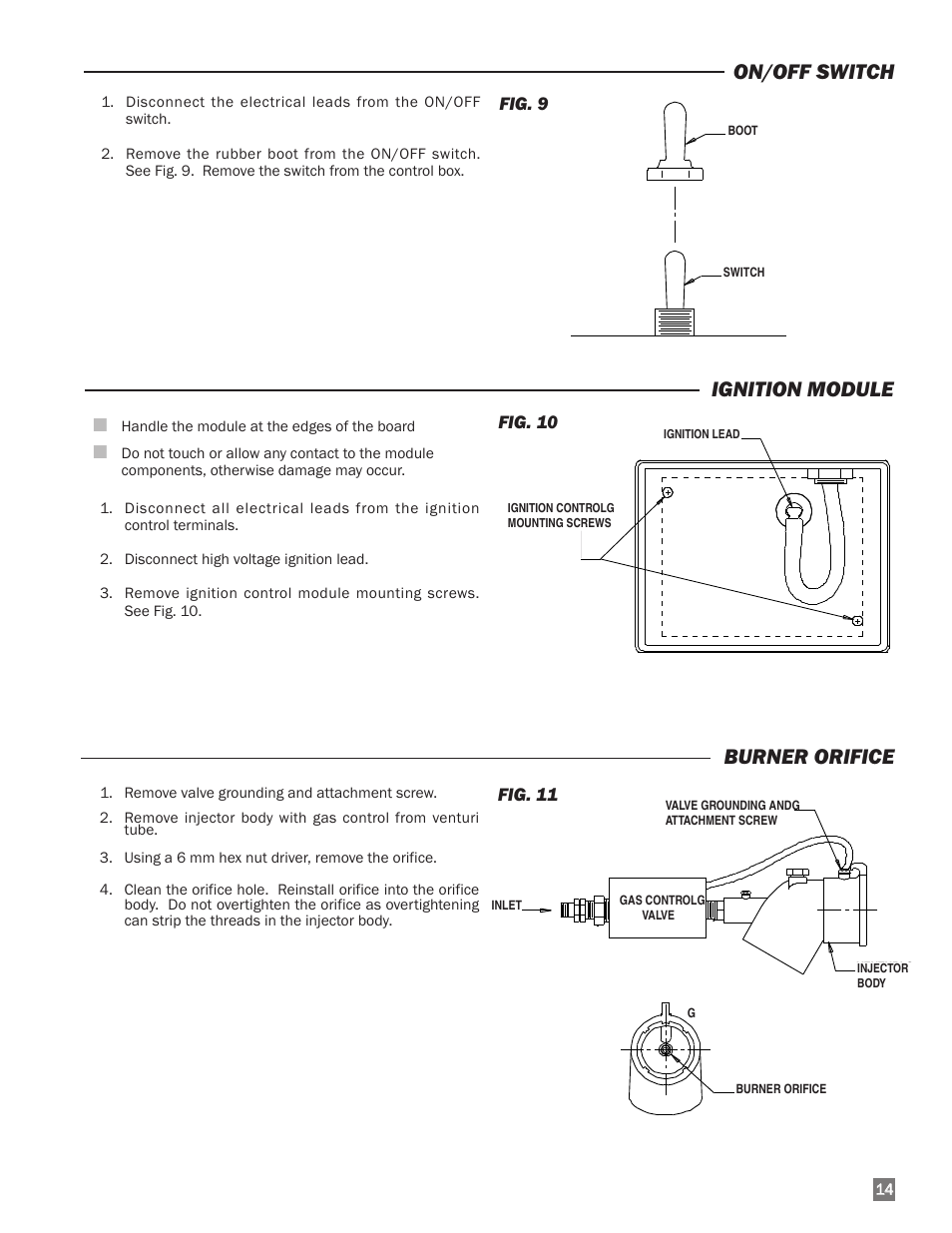 Burner orifice, On/off switch, Ignition module | L.B. White I-34 Infraconic Spark Ignition User Manual | Page 15 / 26