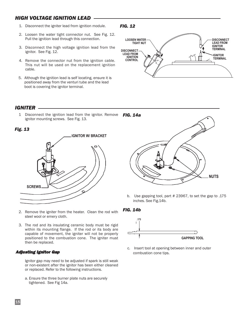 Igniter, High voltage ignition lead, Fig. 13 | Fig. 14a, Fig. 14b, Fig. 12 | L.B. White I-34 Infraconic Spark Ignition User Manual | Page 16 / 26