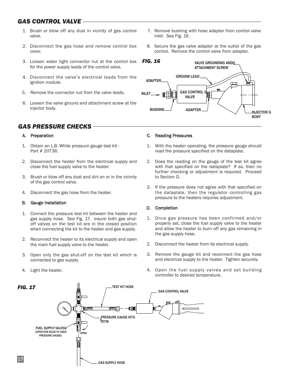 Gas pressure checks, Gas control valve, Fig. 17 | Fig. 16 | L.B. White I-34 Infraconic Spark Ignition User Manual | Page 18 / 26