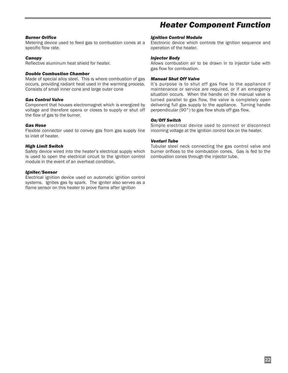 Heater component function | L.B. White I-34 Infraconic Spark Ignition User Manual | Page 23 / 26