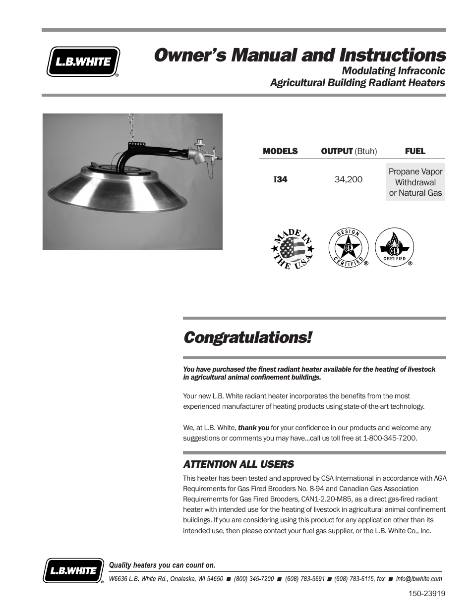 L.B. White I-34 Infraconic Ignition User Manual | 28 pages
